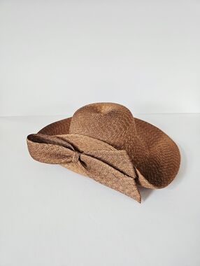 Vintage Morgan Taylor Italian Straw Raffia Bow Detail Wide Brim Derby Sun Hat